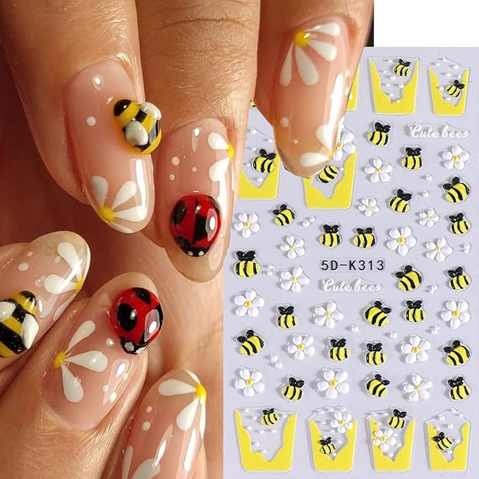 Flower Nail Sticker French Tips Nail Decals Insect Nail Art Stickers Bee Ladybug Daisy Five Petal Floral White Yellow Pink Design Cute Nails Stickers for Nails Art Summer Manicure Decor for Women