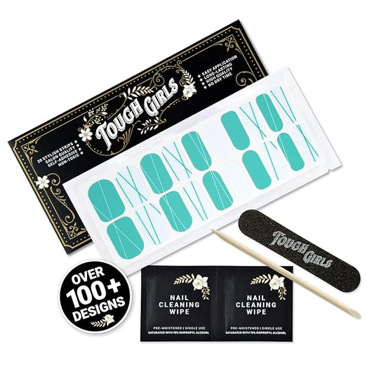 | 20 Exquisite Gel Nail Polish Strips w/Application Accessories - No UV/LED Lamp Required (Teal Matte & Glossy Lines)