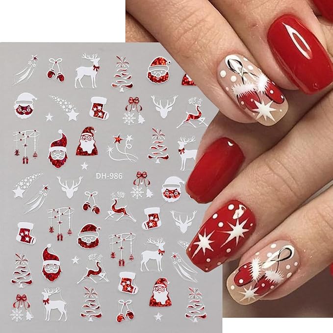 Christmas Nail Art Stickers Deer Antler Christmas Nail Decals 3D Self-Adhesive Nail Art Supplies 6PCS Red Bell Xmas Trees Santa Claus Elk Xmas Design Nails Adhesive Stickers for Women Nail Decorations