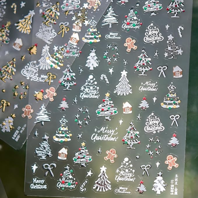 Christmas Nail Sticker for Nail Art 5D Self-Adhesive Silver Nail Stickers Winter Nail Decals Xmas Tree Gingerbread Man Nails Design Decoration Accessories for Women and Girls