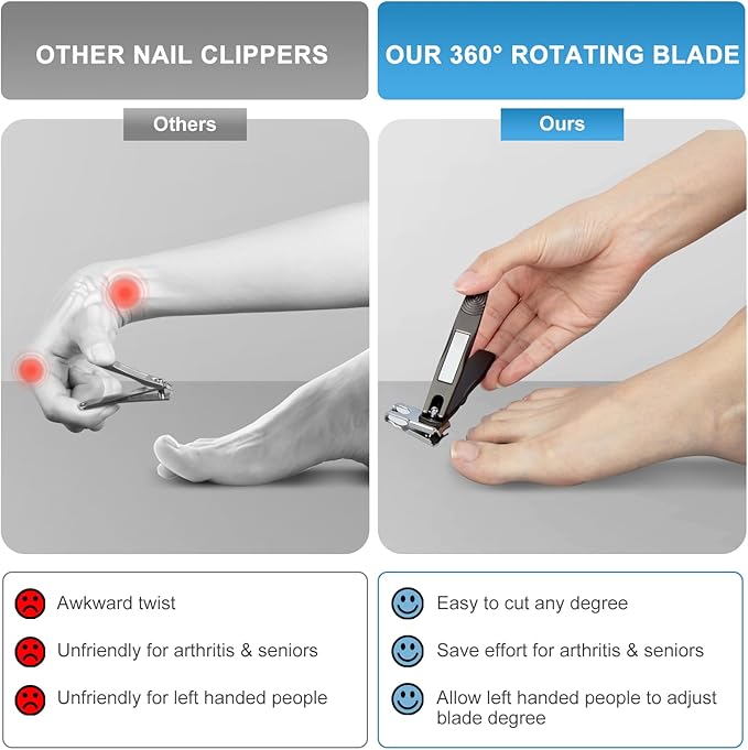 Toenail Clippers for Thick Toenails, Wide Jaw Opening Nail Clippers for Men Seniors, Large Heavy Duty Toe Nail Clippers with Rotary Head, Sharp No Splash Fingernail Clipper Cutter with Catcher