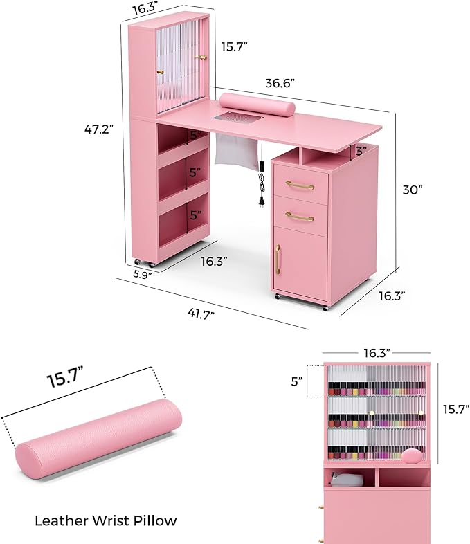 Manicure Table Nail Desk for Nail Tech w/Glass Door Storage Cabinets & Wrist Rest, Beauty Salon Nail Supplies Decor Workstation Acetone Resistant, with Dust Collector (Pink)