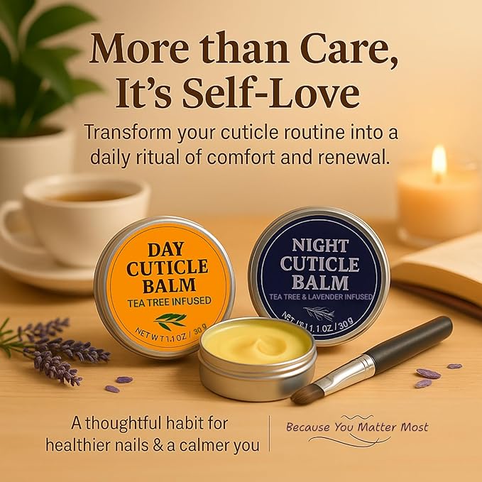 Tea Tree Oil Cuticle Balm Day & Night Set - Cuticle Cream & Butter for Dry, Damaged Cuticles - Includes Cuticle Brush for Easy Application - Cuticle Healing Treatment Moisturizer, 1.1 OZ 2PK