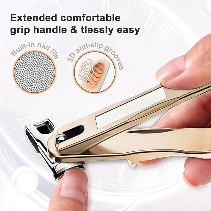 Toe Nail Clippers for Seniors, 360° Rotating Long Handle Fingernail Clipper Ergonomic Nail Cutter for Men Women Premium Steel Nail Trimmer with Glass Nail File for Thick Toenails (Gold)