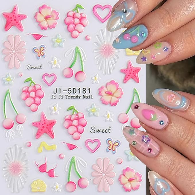 1pcs Summer Nail Stickers for Nail Art Embossed Nail Decals 5D Flowers Dolphins Starfish Shell Jellyfish Mermaid Tail Design Butterfly Lemon Nail Stickers Ocean Beach Acrylic Nail for Women