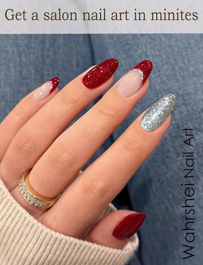 Semi Cured Gel Nail Strips, 20pcs Red Glitter Wraps Work with UV for Home Nail Art DIY, Easy to Use and Remove