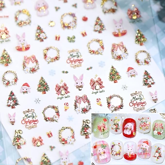 Christmas Nail Stickers for Nails Art Gold Nail Stickers Christmas Tree 5D Self-Adhesive Bow Nail Decals Winter Nails Art Cute Rabbit Nails Design Decoration Accessories for Women and Girls