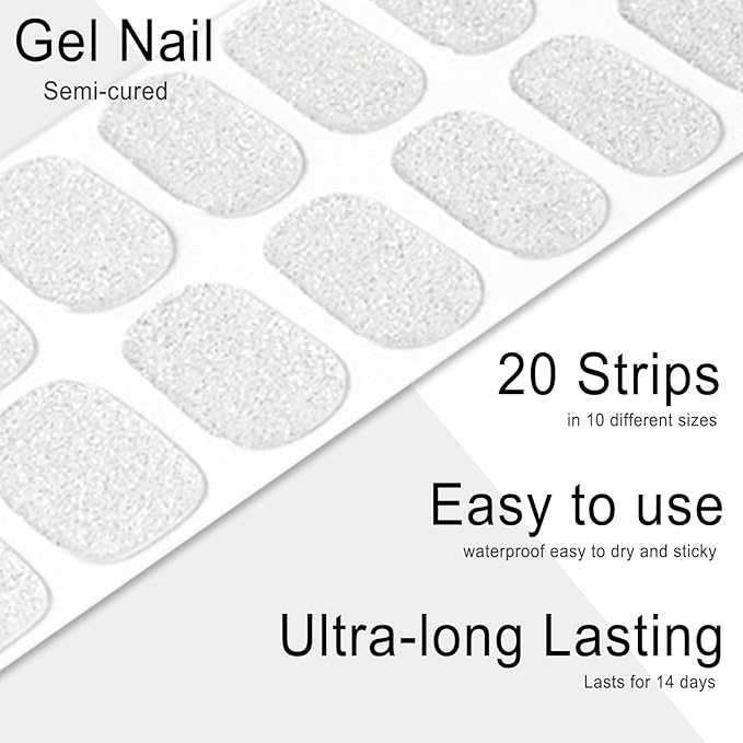 Semi Cured Gel Nail Strips, 20pcs Real Nail Polish Art Stickers, Silver Glitter Gel Nail Stickers - Work with Any UV Lamp, Long Lasting Full Wraps with Nails File and Stick