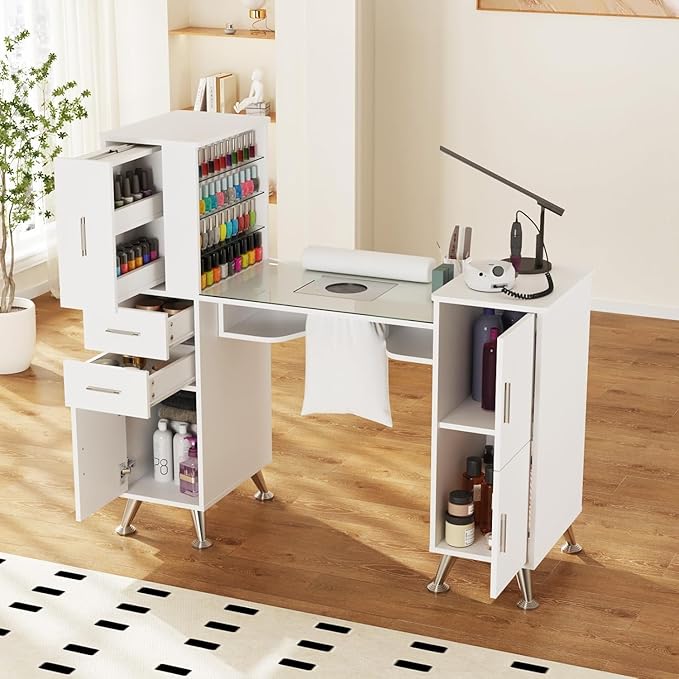 Manicure Table Nail Station w/Glass Top, Dust Collector, 4 Dust Bags, Storage Drawers & Cabinets, Nail Desk Beauty Salon Workstation (White)