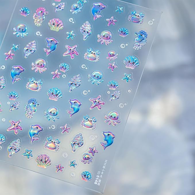 Summer Nail Art Stickers 5D Jelly Embossed Conch Shell Nail Decals Cute Jellyfish Crab Dolphin Starfish Nail Stickers Blue Ocean Animal Nail Supplies for Women Manicure Decoration 1 Sheets