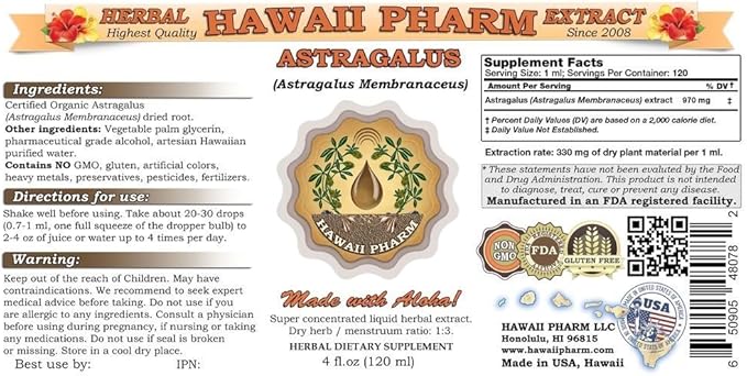 HawaiiPharm Astragalus Liquid Extract, Organic Astragalus (Astragalus membranaceus) Dried Root Tincture Supplement 2x4 oz