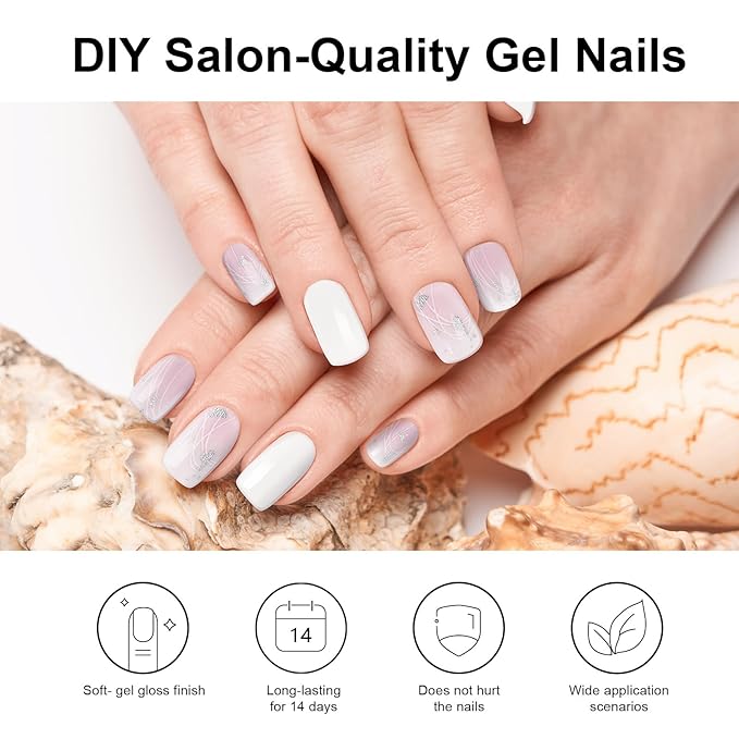 Semi Cured Gel Nail Strips, Orchid Fragrance | 28 pcs Chinese Style Gel Nail Strips Work with Any UV Lamp, Salon Quality New Chinese Nail Stickers, Include Prep Pads, Nail File&Wood Stick