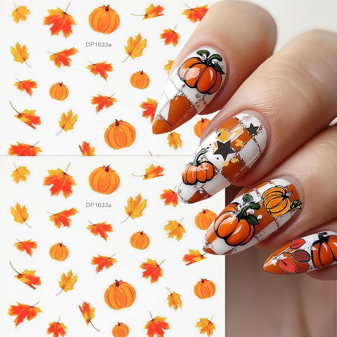 10 Sheets Thanksgiving Day Nail Stickers for Nail Art Fall Nail Sticker 3D Self-Adhesive Shiny Autumn Maple Leaf Turkey Pumpkin Nails Decals Holiday Maple Leaves Manicure Decoration for Salon Nails