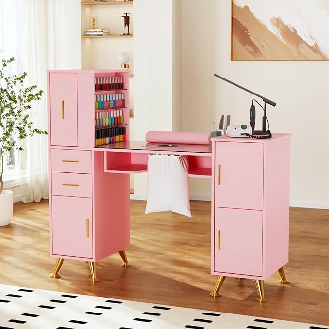 Manicure Table Nail Desk with Glass Top & Wrist Rest, Nail Station with Dust Collector & 4 Dust Bags, Beauty Salon Workstation with Storage Drawers & Cabinet (Pink)