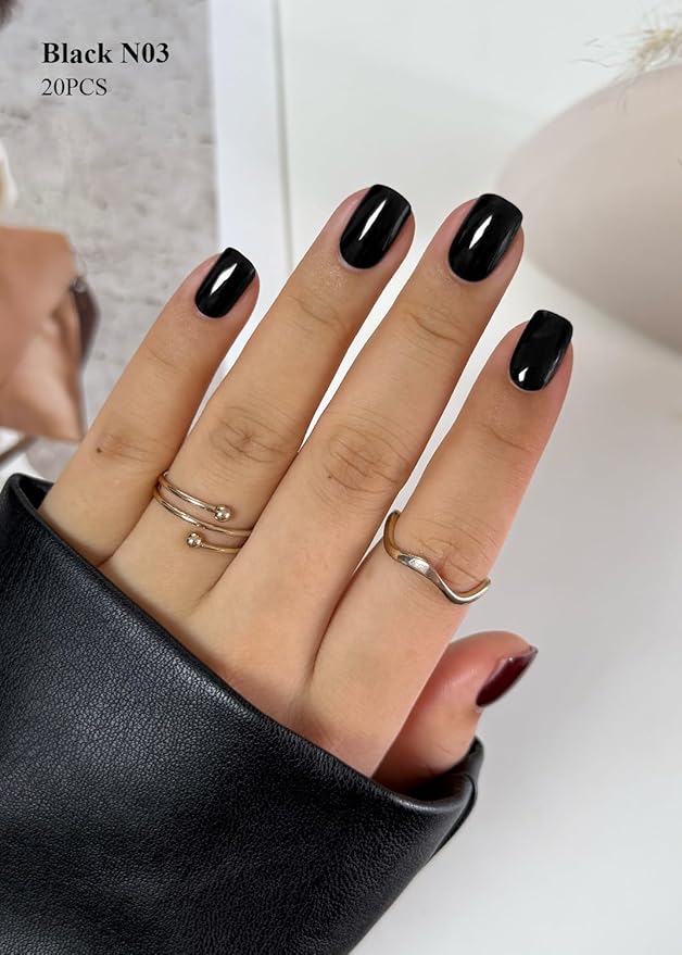 Semi Cured Gel Nail Strips (Black N03), 20 Pcs Gel Nail Wraps, Stickers, Salon Quality, Long Lasting, Works With Any Lamps