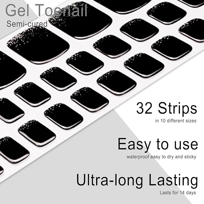 Semi Cured Gel Toenail Strips, 32 Silver Black Gel Toenail Stickers - Works with Any UV Lamps Pedicure Strips Full Nail Wraps with Nail File & Wood Stick
