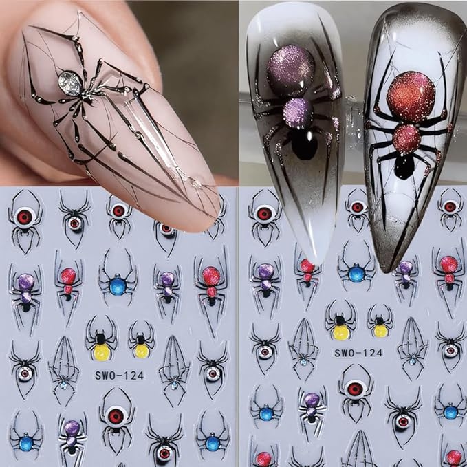 Halloween Nail Stickers 5D Spooky Skull Spider Nail Decals DIY Self Adhesive Mushroom Crow Flower Spider Web Nail Design Sticker Nail Decoration Supplies Holiday Manicure Accessories for Women 3Pcs