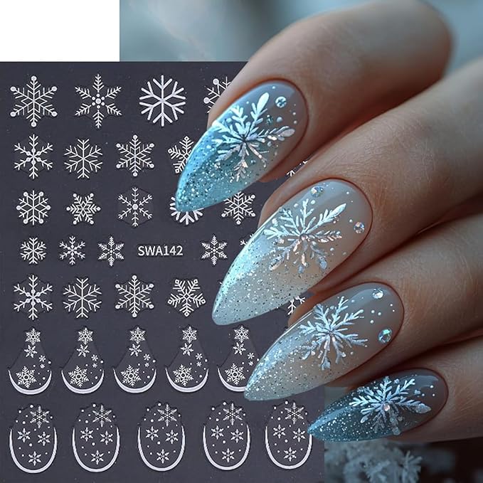 Snowflake Nail Stickers Christmas Nail Art Stickers French Tips Nail Decals Gold White Blue Mixed Shape Snowflake Design Winter Nail Sticker for Nail Art Women DIY Manicure Decoration 6 Sheets