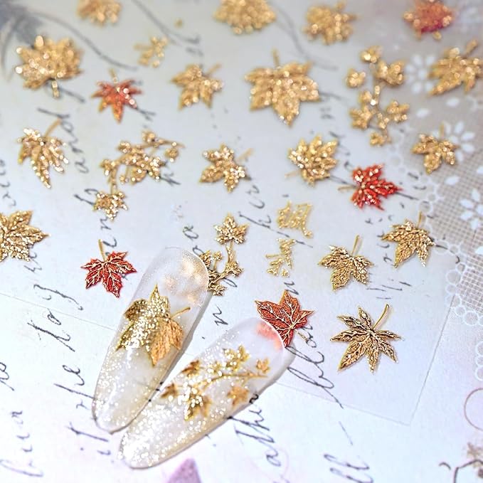 1 Sheet Fall Nail Stickers for Nail Art Autumn Maple Leaves Nail Decals 5D Embossed Thanksgiving Day Gold Maple Leaf Nail Art Supplies Red Leaf Nails Accessories for Women Acrylic Nails Decoration