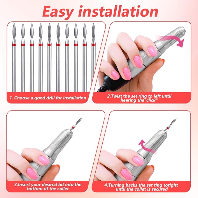 10pcs Diamond Flame Cuticle Drill Bits Set for Dead Skin 3/32'' Nails, Professional Safety Under Nail Cleaner Burr for Cuticle Dead Skin, Dry Manicure Pedicure Shape Remove Nail Salon Toolsv