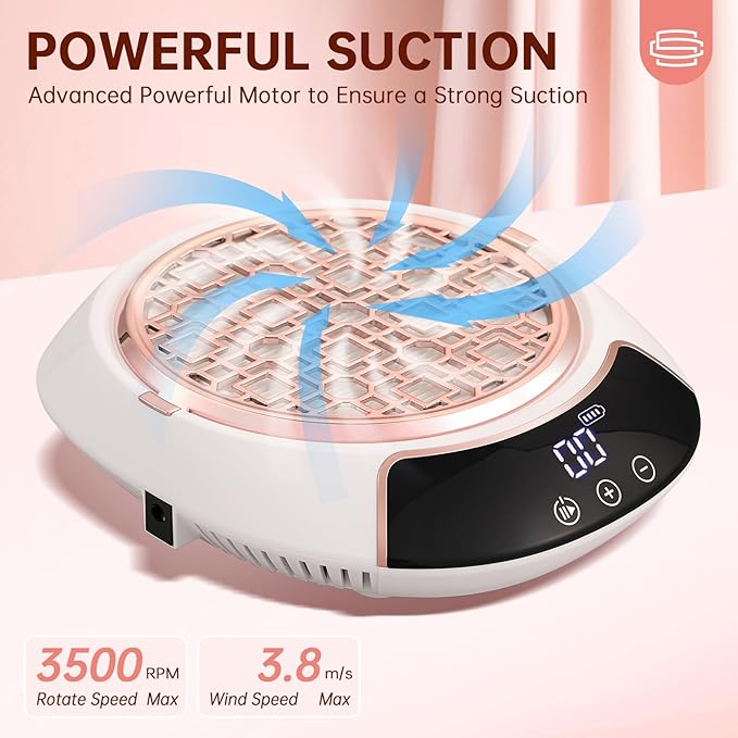 Rechargeable Nail Dust Collector Cordless Powerful Vacuum Fan with LED Display, Adjustable Speed, Reusable Fillter, Manicure Tool for Acrylic Nails, Salon & Home White
