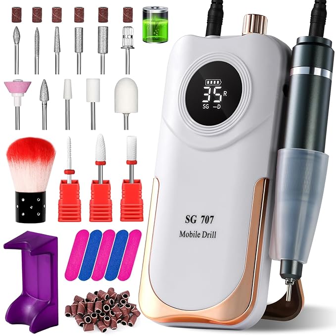 Professional Electric Nail Drill Kit 35000RPM with 14PCS Bits White Portable Rechargeable Cordless File Machine for Acrylic Gel Powder Nails and Manicure Pedicure Toenail Tool Salon Set