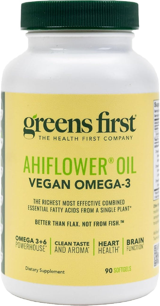 Greens First Ahiflower Oil Plant-Based Omega-3 Supplement – Vegan Omega-3 to Support Brain, Immune, Joint & Heart Health - Essential Fatty Acids - Gluten-Free/Dairy-Free/Soy-Free (90 Softgels)
