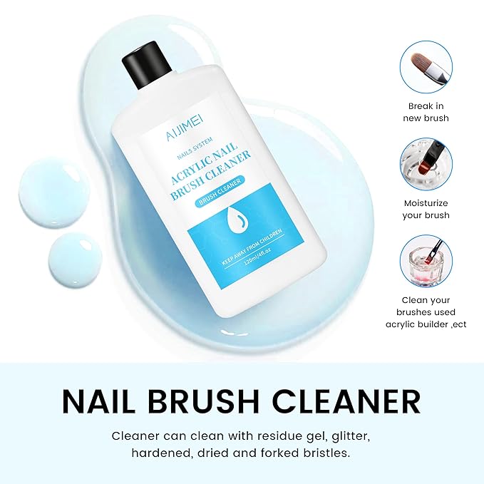 AIJIMEI Professional Acrylic Liquid Monomer & Nail Brush Cleaner Set for Quick Cleaning of Nail Brushes and Nail Extension Glue Nail Products, Suitable for Beginners DIY Home Nail Salon 120ml/4fl.oz