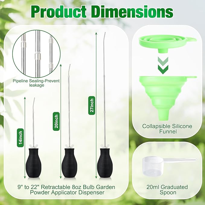 Powder Duster with Long Metal Tube – Bulb Applicator for Diatomaceous Earth, Garden & Home, Lightweight Handheld Dispenser for Organic Soil, Plants & Pest Management (1 Pack)