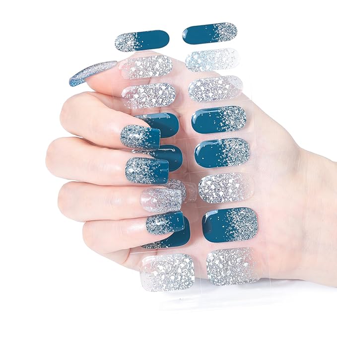 WOKOTO Semi Cured Gel Nail Strips (Blue & Glitter)-16 Pcs Gel Nail Stickers | Gel Nail Wraps | UV Light Required, Salon Quality & Easy To Use, Real Nail Polish Strips Stick On Nails With Nail File
