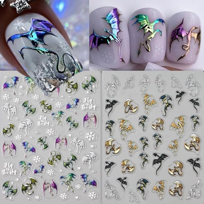Halloween Nail Stickers 5D Metallic Dragon Snowflake Nail Art Stickers 2PCS Laser Silver Gold Bronzing 3D Fly Theme Design Self-Adhesive Winter Nail Decals Accessories for Holiday Nail Art Decorations
