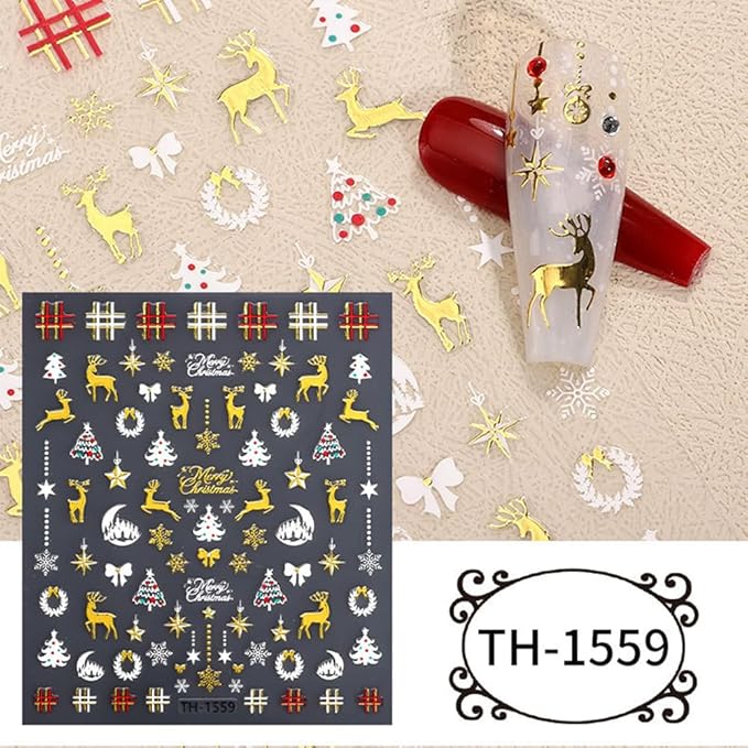 6Pcs Christmas Nail Stickers 3D Golden Christmas Tree Deer Nail Stickers for Nail Art DIY Self Adhesive Nail Decals Gold Bow Snowflake Nail Decoration Supplies Holiday Manicure Accessories for Women