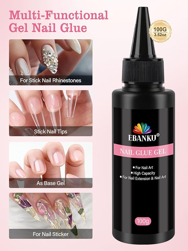 100ml Gel Nail Glue, EBANKU Super Strong UV Nail Glue for Press Ons Acrylic Nails, Lamp Curing Needed, Long-Lasting Solid Soft Gel