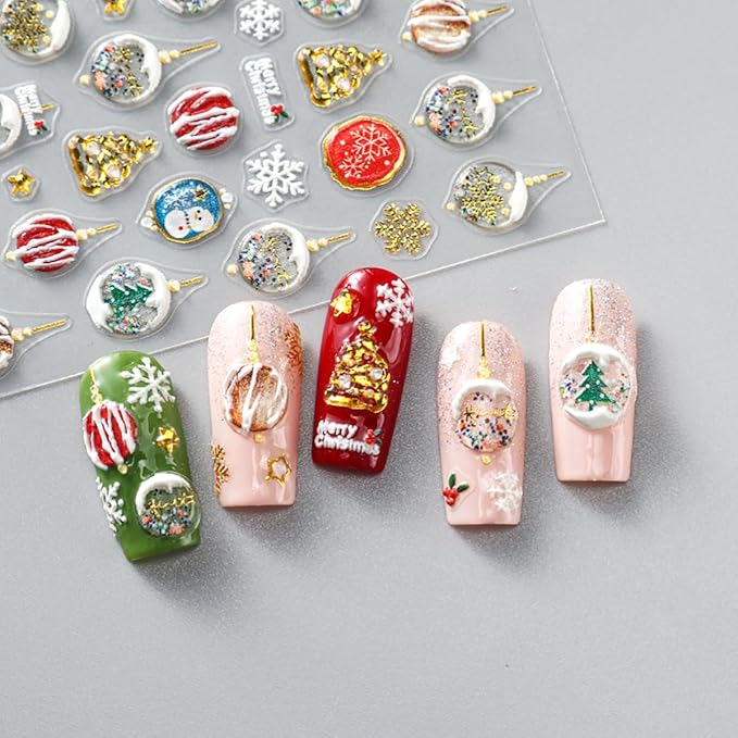 Christmas Snowflake Nail Stickers 5D Embossed Christmas Tree Snowman Nail Art Stickers Self-Adhesive Crystal Ball Nail Design Christmas Nail Decals for Women Girls Snowmen Nail Decoration 1 Sheets