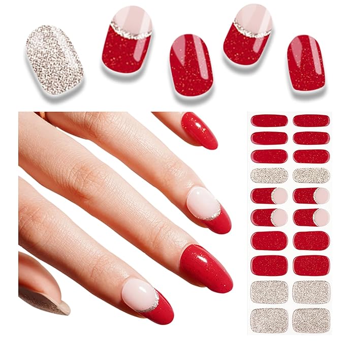 Semi Cured Gel Nail Strips, 20pcs Glittery Red Gold Gel Nail Stickers - Works with Any UV Lamps, Long Lasting Full Wraps, Easy to Apply and Remove