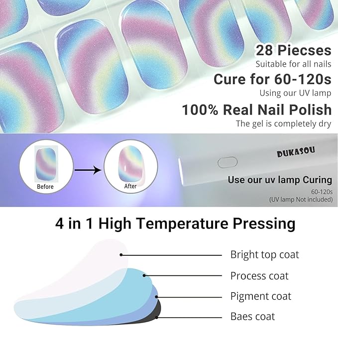Semi Cured Gel Nail Strips (Multicolor), 28pcs Gel Nail Stickers, Work with Any UV Lamps, Long-Lasting NailWraps for Women Gifts, Easy to Apply & Remove, Includes Prep Pads & Wooden Stick
