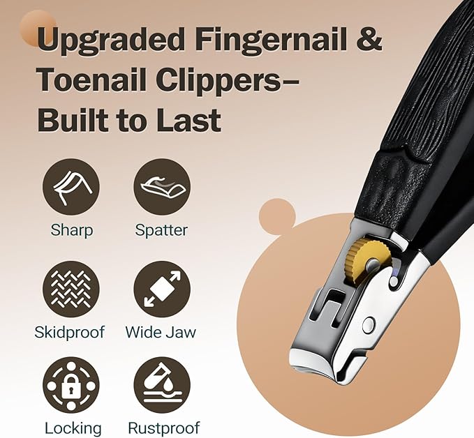 Sharp Nail Clippers for Thick Toenails & Seniors - Heavy Duty Fingernail & Toenail Clipper with Wide Jaw, Anti-Slip Grip, Safety Lock & Splash Guard for Men, Women & Kids