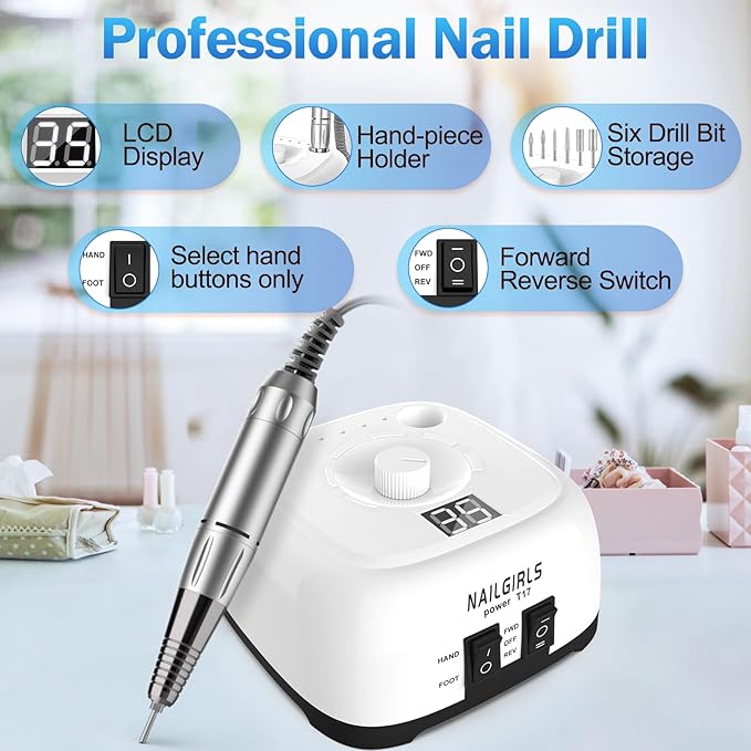 Electric Nail Drill Professional Machine,NAILGIRLS Electric Nail File E-File Nail Drill Kit for Gel Acrylic Nails,Portable 35000RPM Manicure Pedicure Polishing Shape Tools for Home Salon Use