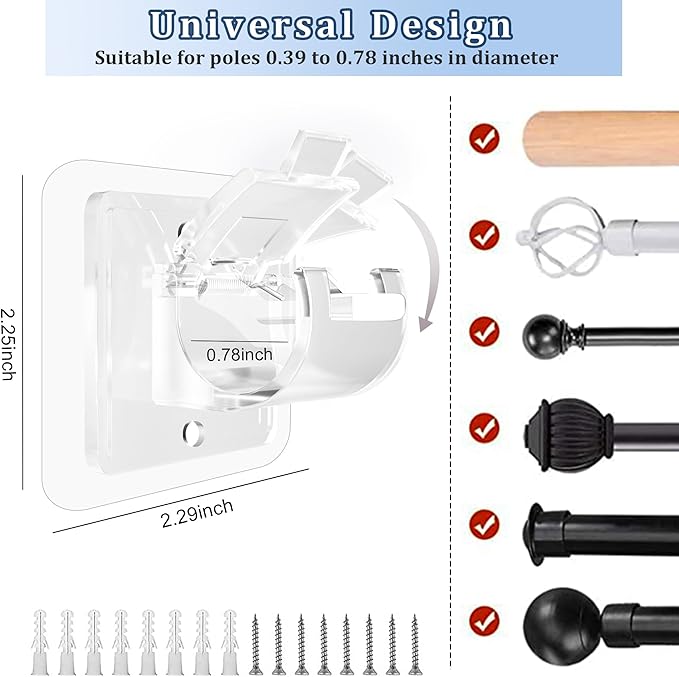 10PCS Curtain Rods No Drilling,Bracket No Drill Curtain Rod Brackets Self Adhesive Curtain Rod Holders Nail Free Adjustable Curtain Rod Hooks Curtain Hangers for Bathroom Kitchen Bathroom Hotel