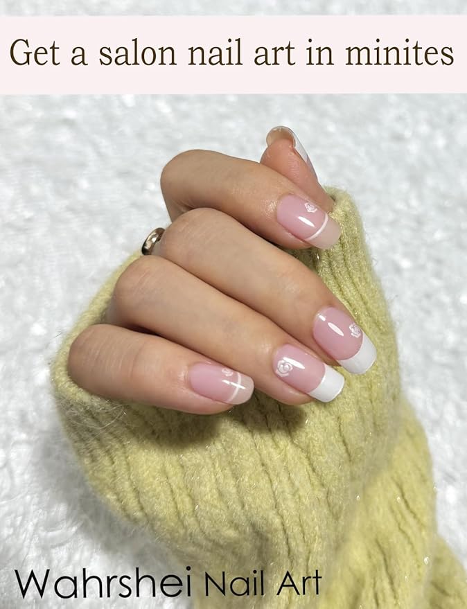 Semi Cured Gel Nail Strips, French, Rose, Easy to Use and Remove, 20pcs Gel Nails Sticker for Home Nails DIY