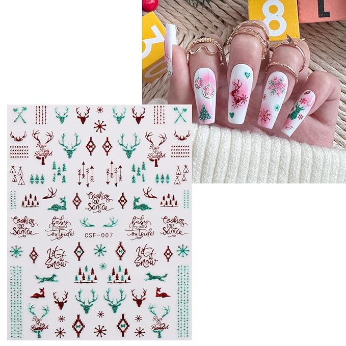 JMEOWIO 9 Sheets Christmas Glitter Nail Art Stickers Decals Self-Adhesive Green Red Snowflake Winter Holiday Nail Supplies Nail Art Design Decoration Accessories