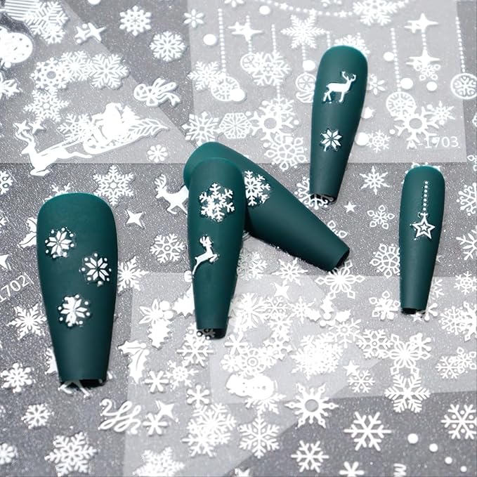 12 Sheets Christmas Nail Stickers Snowflake Nail Art Stickers 3D Self-Adhesive Winter Nail Decals Elk Snowman Nail Design Bow Nail Art Supplies Decoration for Women and Girls