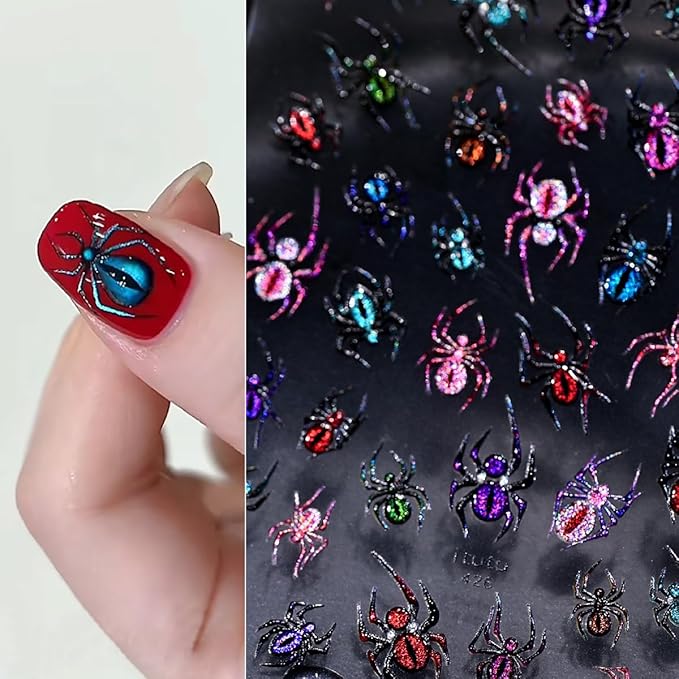1 Sheets Halloween Nail Stickers for Nail Art 5D Embossed Self-Adhesive Spider Web Nail Art Stickers Laser Spider Web with Glitter Nail Supplies Halloween Nail Decals for Women Acrylic Manicure