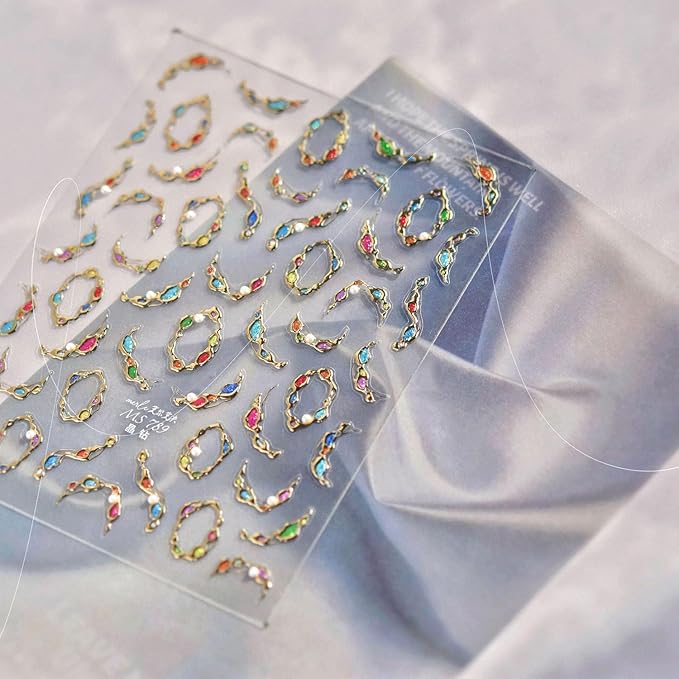 1 Sheet Gold Gemstone Necklace Nail Art Stickers 5D Embossed Pearls Gems Nail Decals with Gilded Designs Nail Sticker Self-Adhesive Colorful Rhinestone Nail Decal for Women Nails Decoration Supplies