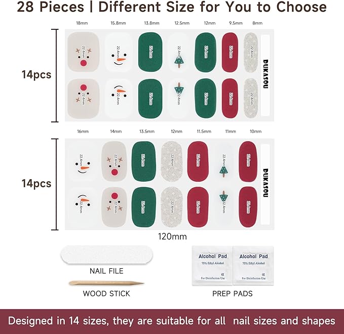 Semi Cured Gel Nail Strips, 28 Pcs Christmas Snowman Gel Nails Stickers, Nail Wraps for Women UV Light Needed