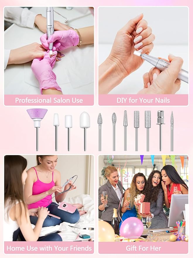 Portable Nail Drill Professional 45000 RPM, Rechargeable Electric Nail File Machine E File for Acrylic Gel Polishing Removing Pink