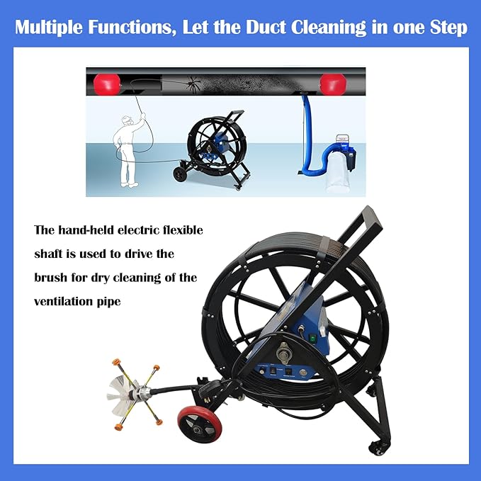 110V Air Duct Cleaning Machine Pipeline Cleaning Machine 0~1000r/min Brush Speed 3 Rotary Brush Flexible Shaft Dust Collector for Dia 80-800mm Industrial/Workshop/Air Conditioning Pipe