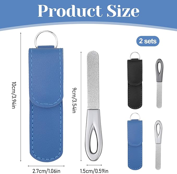 2 Pack Metal Nail File with Case, 3.6 in Travel Keychain Nail File for Natural Nails, Metal Diamond Double Sided Grit Nail Toenail Files with Leather Cases for Women Men
