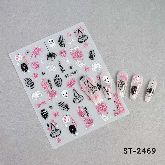 Halloween Nail Art Stickers, Cute Ghost Nail Art Decals 3D Self-Adhesive with Pink Bat Pumpkin Heart Skull Spider Web Nail Design 6Pcs Halloween Nail Art Supplies for Women Nail Decoration