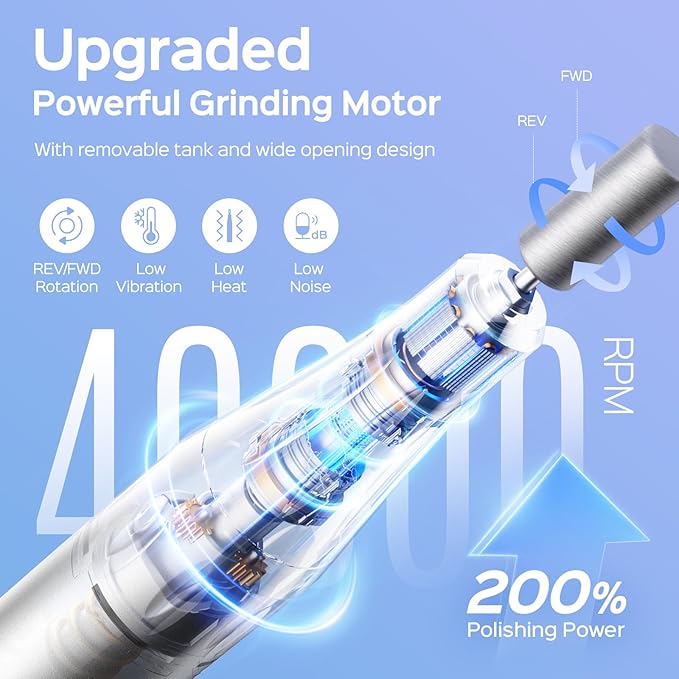 COSLUS Professional Rechargeable Electric Nail Drill 40000 RPM, Portable Nail File with Storage Stand for Acrylic Gel Polishing Removing - Easy to Use for Women, Manicure at Home DIY or Salon, White